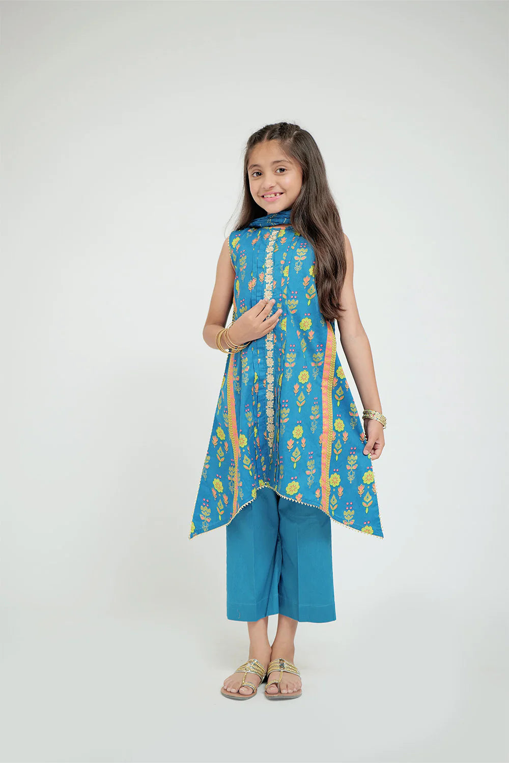 Light Blue Multicolor | Casual Plus 3 Piece Suit | Cotton Gold Print Lawn