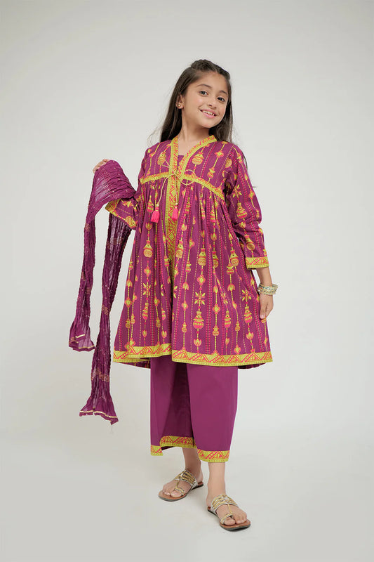 Magenta & Gold | Casual Plus 3 Piece Suit | Cotton Gold Print Lawn